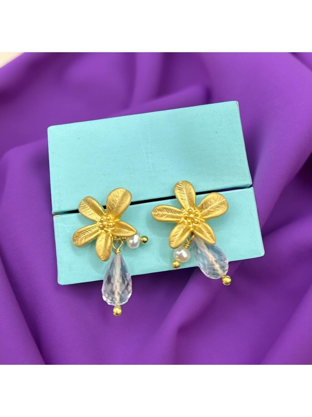 Gold Floral Earrings with Crystal Accents